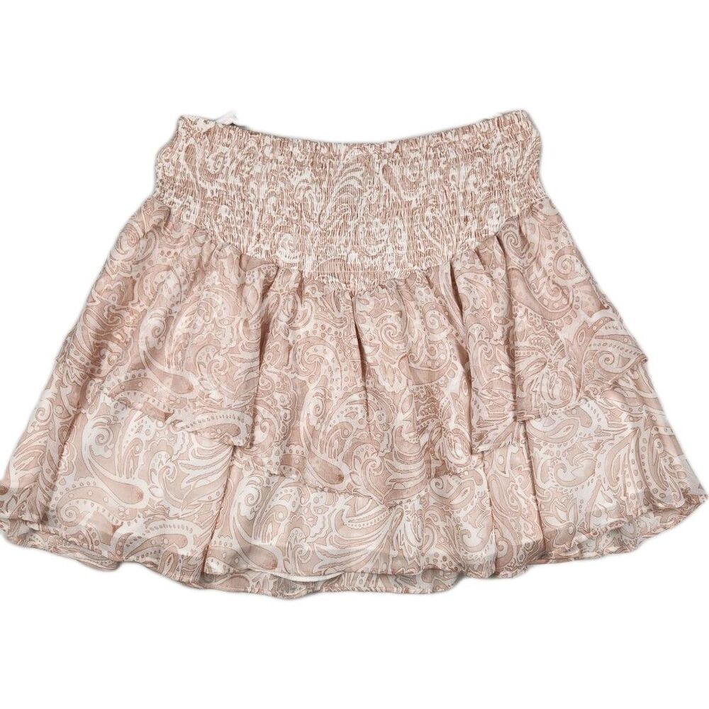 Express Paisley Mini Shirt NWT Women L Tiered Pink Shirred Waist Ruffle Feminine